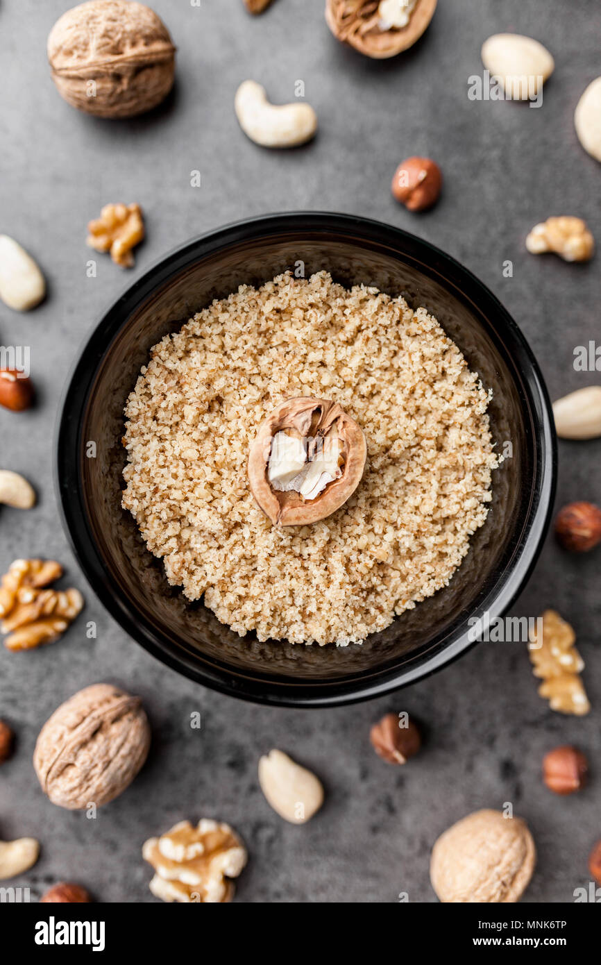 Delicious walnuts on grey rustic background Stock Photo