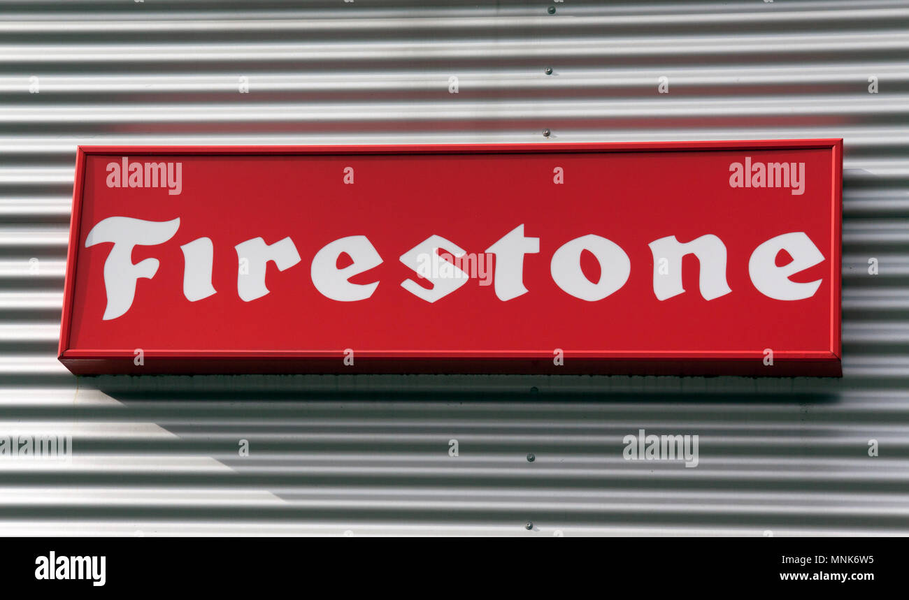 Amsterdam, Netherlands-october 3, 2016: letters firestone on the wall of a car garage Stock Photo