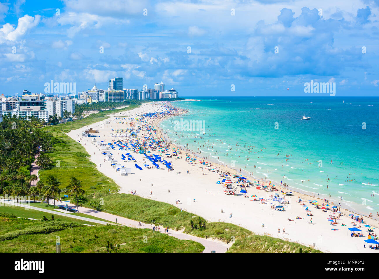 South Beach, Miami Beach. Tropical and Paradise coast of Florida, USA. Aerial view. Stock Photo