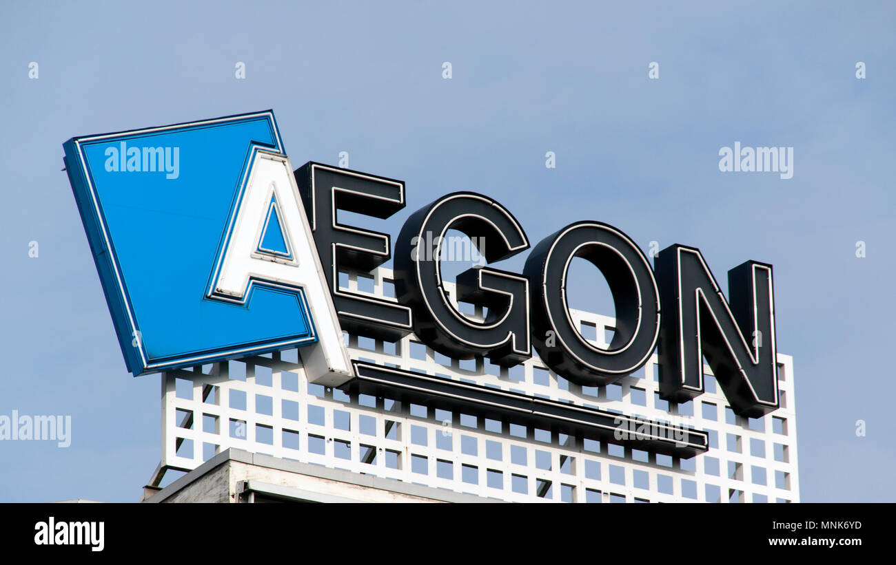 Amsterdam, Netherlands-November 12, 2016: letters aegon on a building in Amsterdam Stock Photo