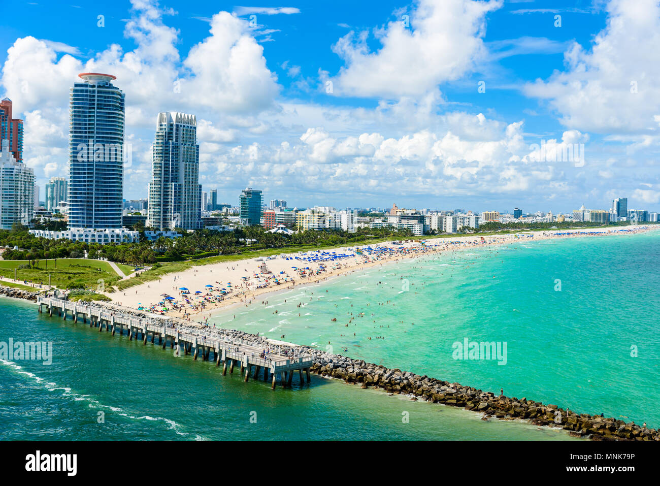 South Beach, Miami Beach. Tropical and Paradise coast of Florida, USA. Aerial view. Stock Photo