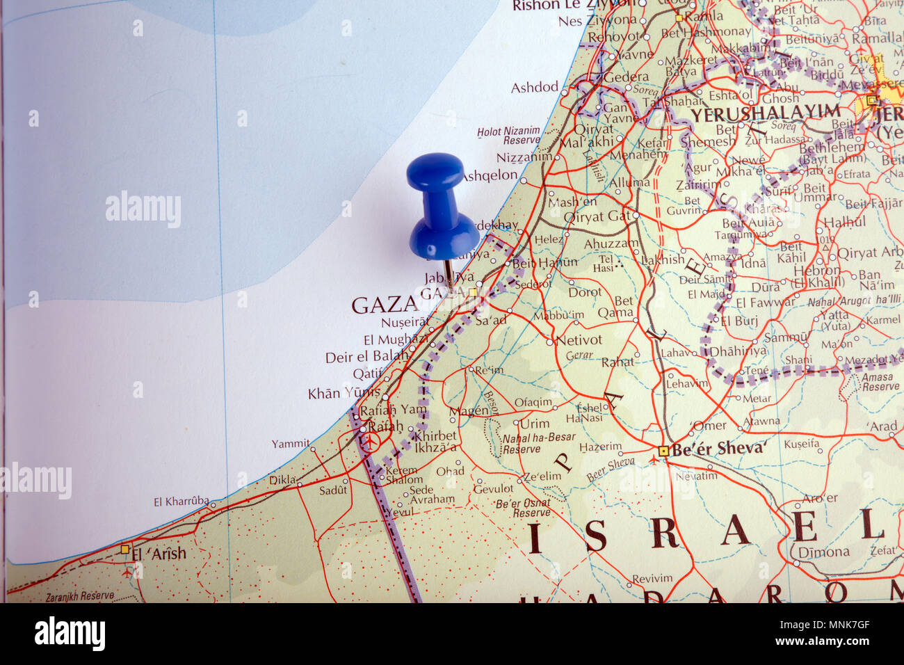 the hague, Netherlands-august 10, 2016: Map of Gaza with pushpin illustrative editorial Stock Photo