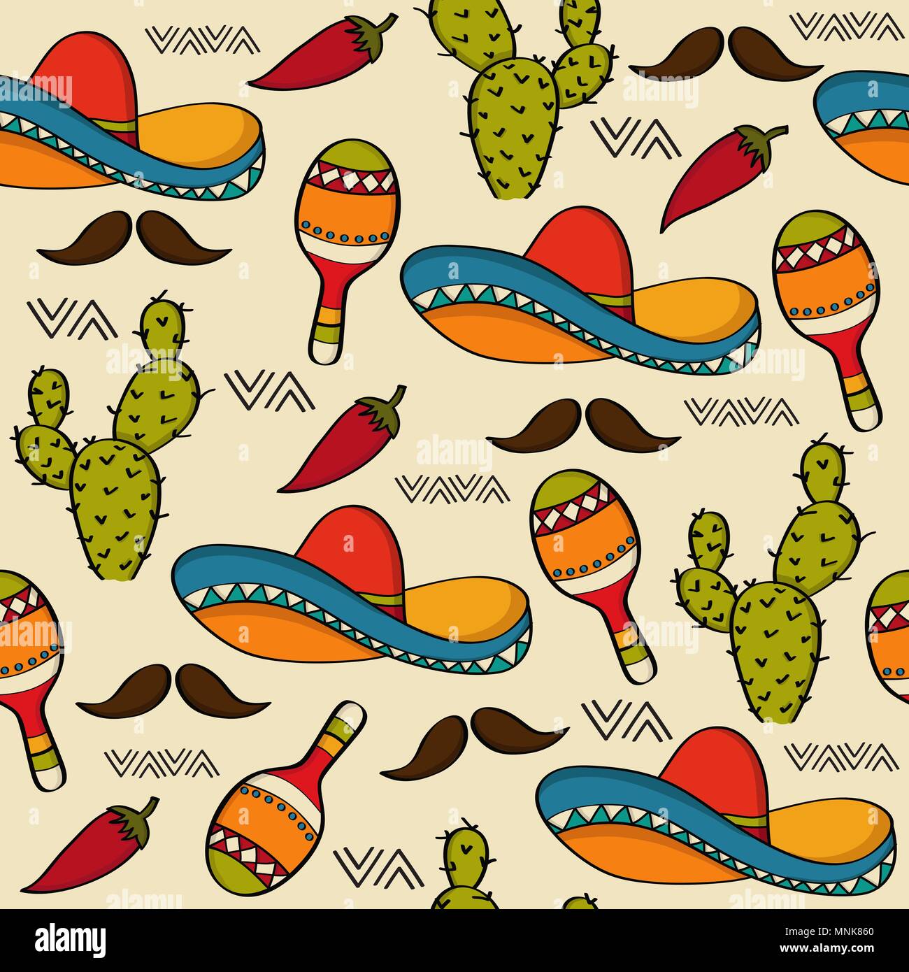 Doodle seamless pattern with mexico symbols, vector format Stock Vector