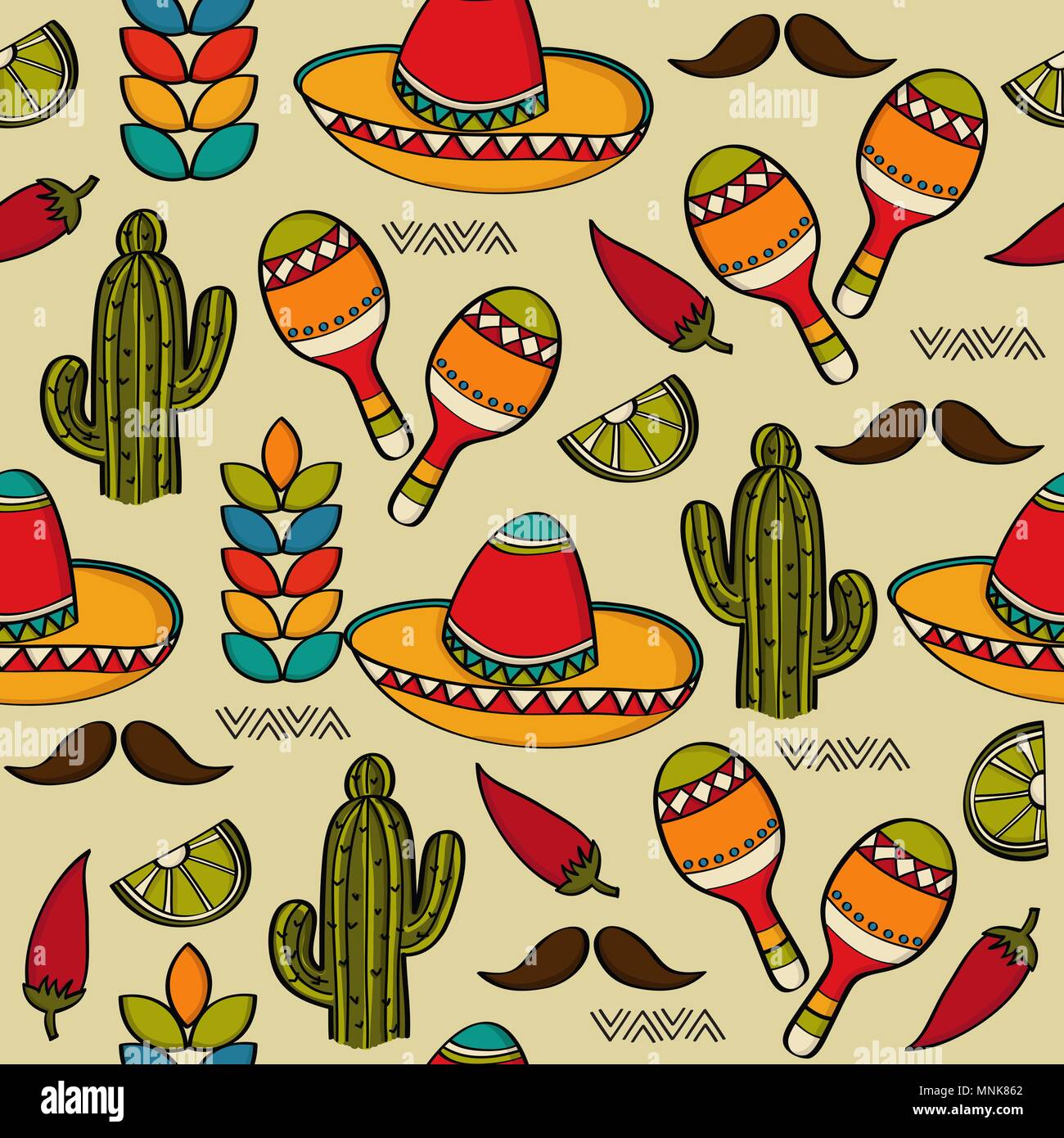 Doodle seamless pattern with mexico symbols, vector format Stock Vector