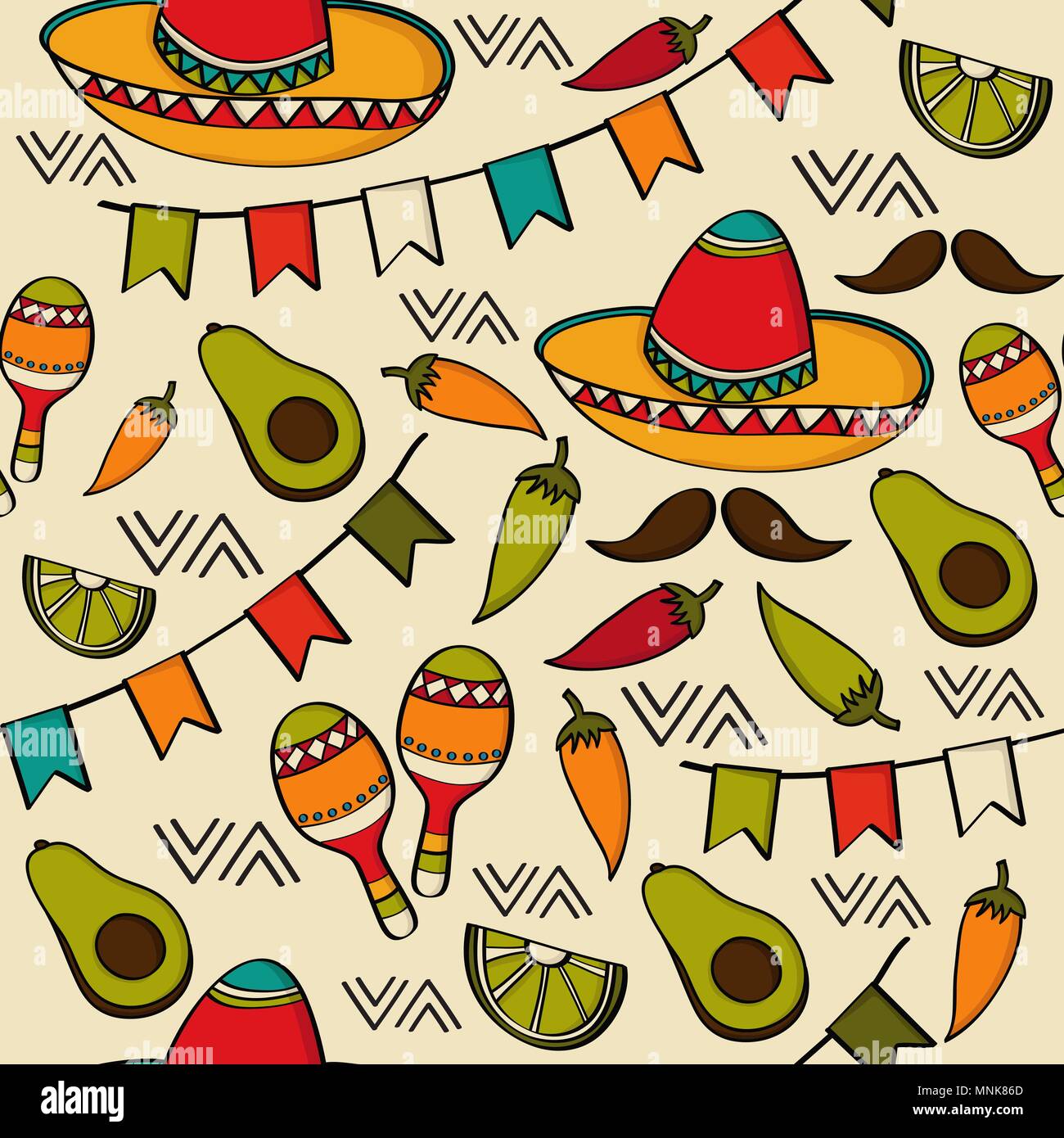 Doodle seamless pattern with mexico symbols, vector format Stock Vector