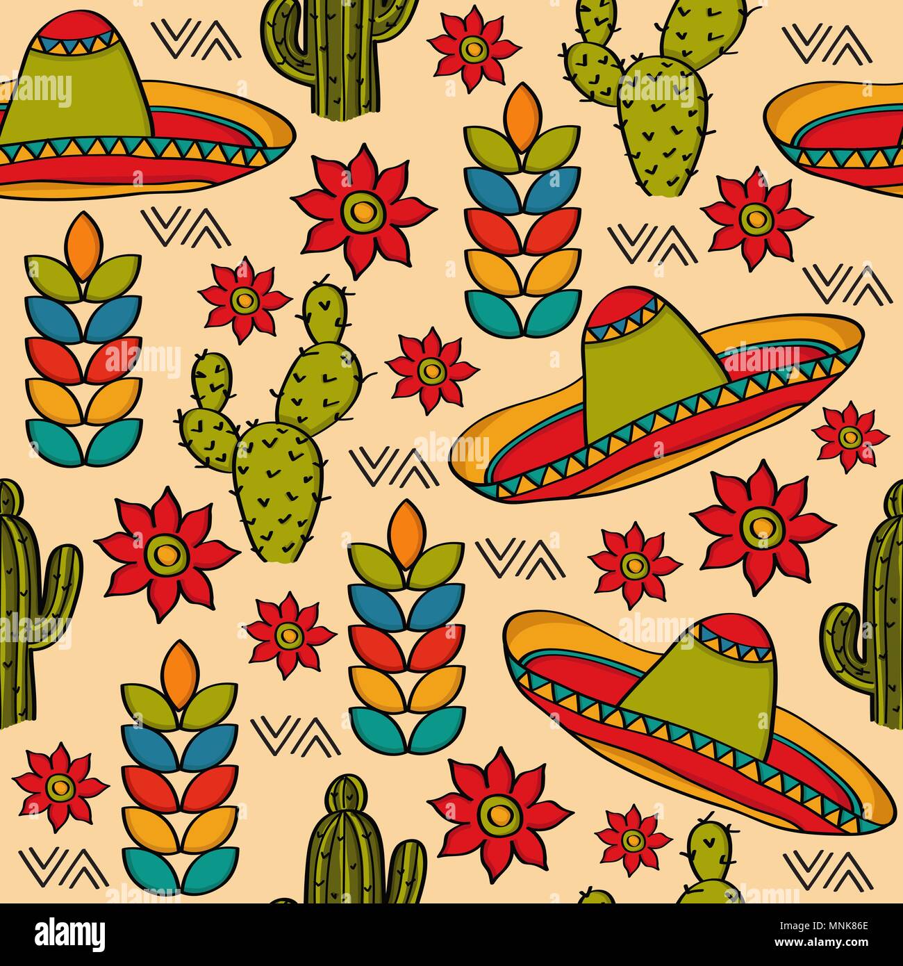 Doodle seamless pattern with mexico symbols, vector format Stock Vector