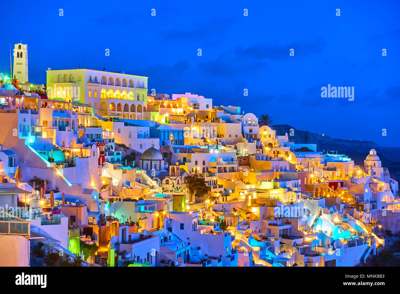 Thira town at night, Santorini Island, Greece Stock Photo