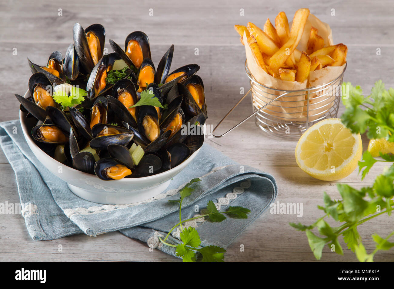 Mussels and French fries Stock Photo