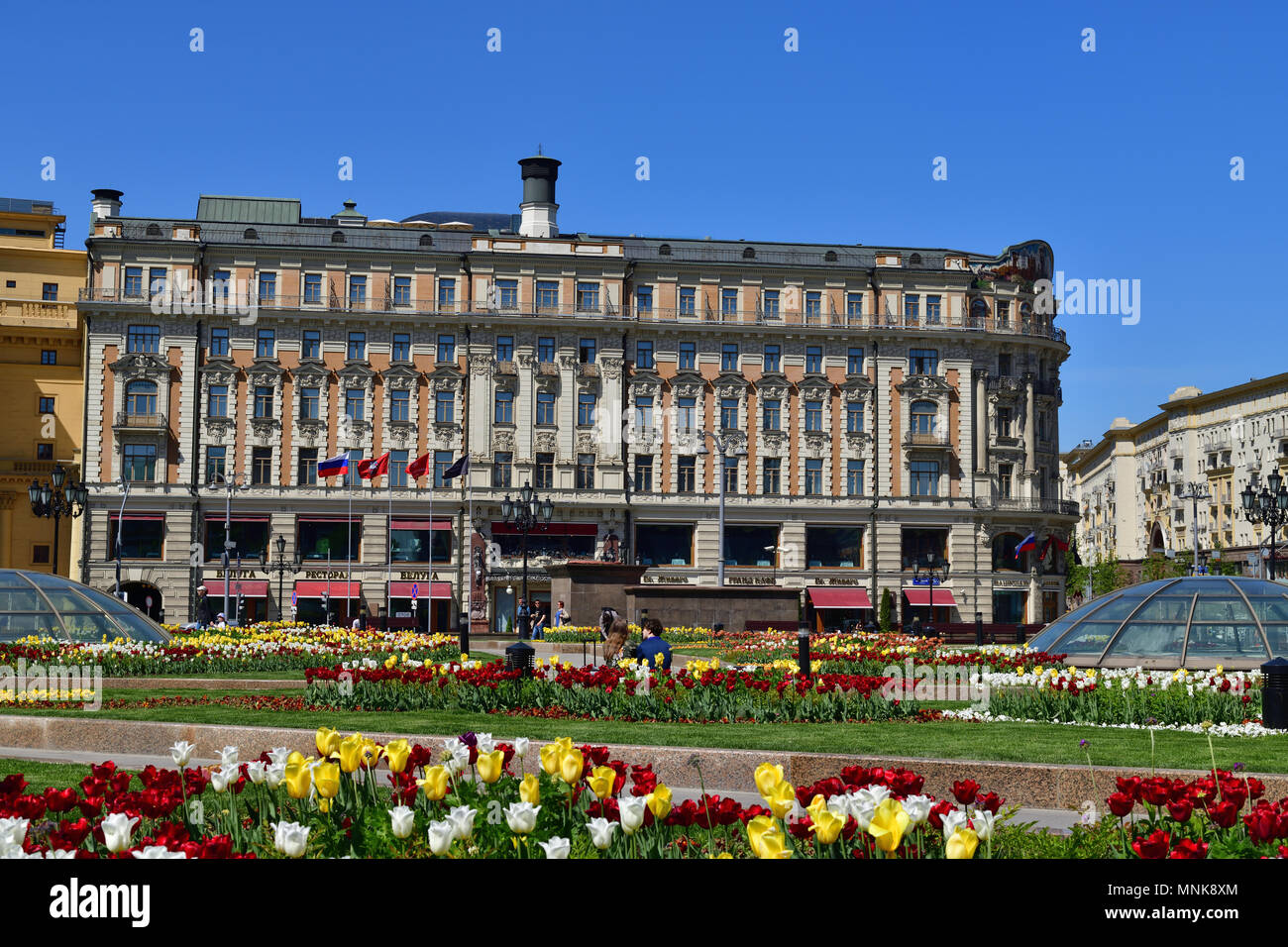 Moscow, Russia - May 12. 2018. Manezhnaya square with hotel National Stock Photo