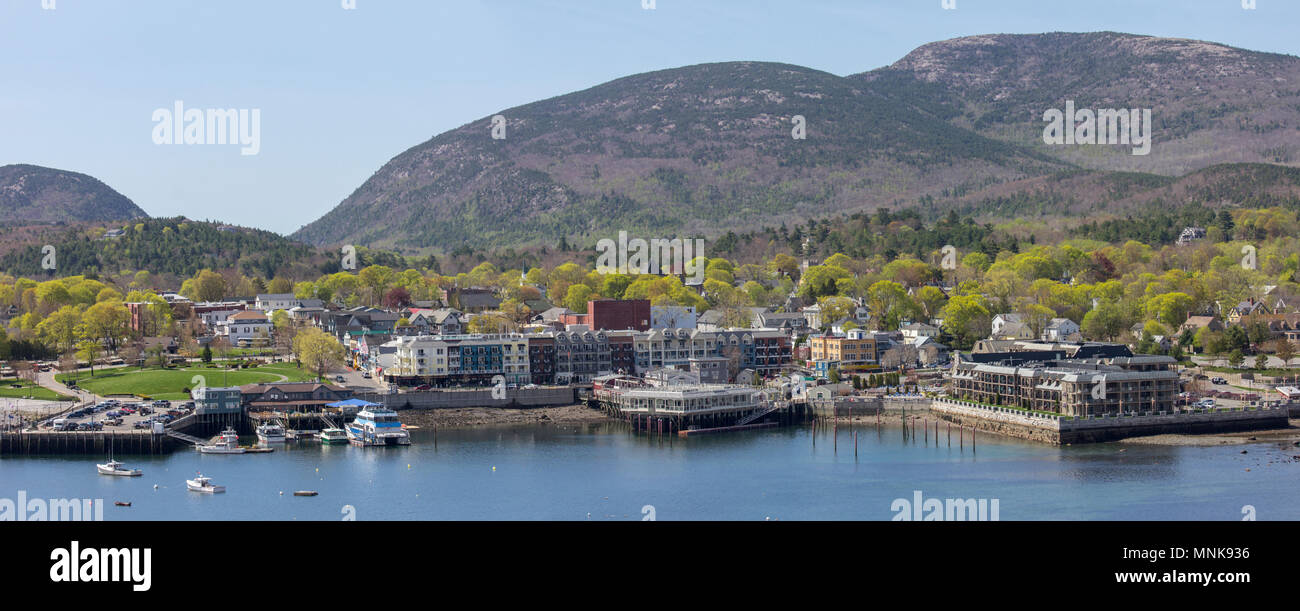 Bar Harbor, Maine taken from bar island. spring time. Cadillac mountain is visible in the backround. Stock Photo