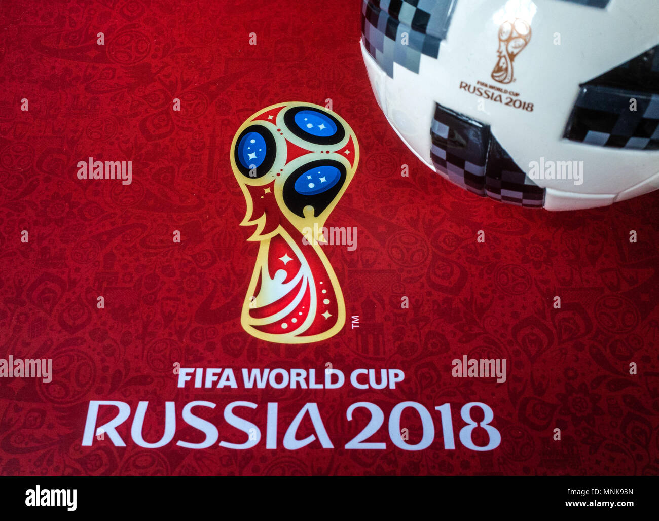 8 April 2018 Moscow, Russia Official ball of the 2018 FIFA World Cup Adidas Telstar 18 and a calendar with the symbols of the World Cup 2018 Stock Photo