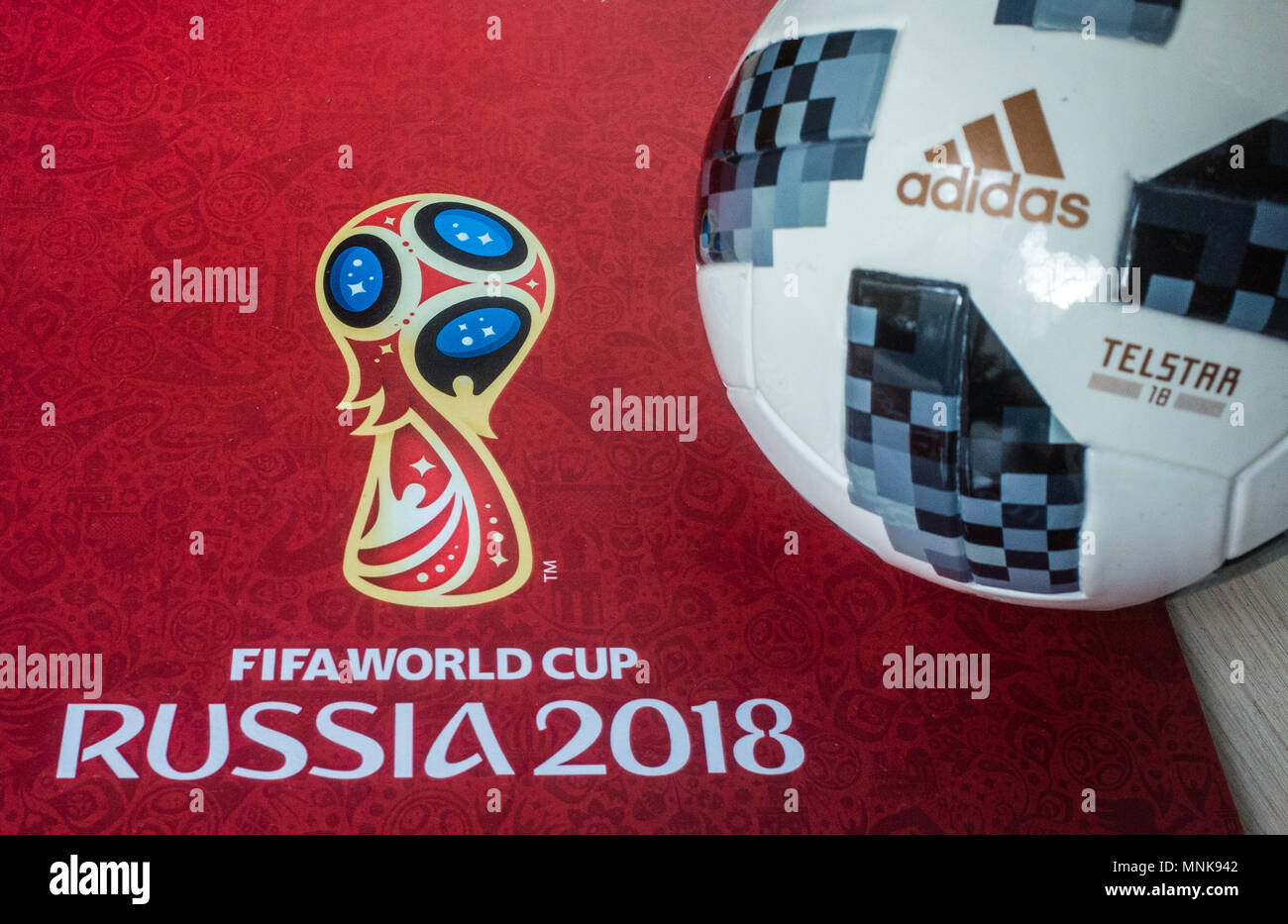 8 April 2018 Moscow, Russia Official ball of the 2018 FIFA World Cup Adidas Telstar 18 and a calendar with the symbols of the World Cup 2018 Stock Photo