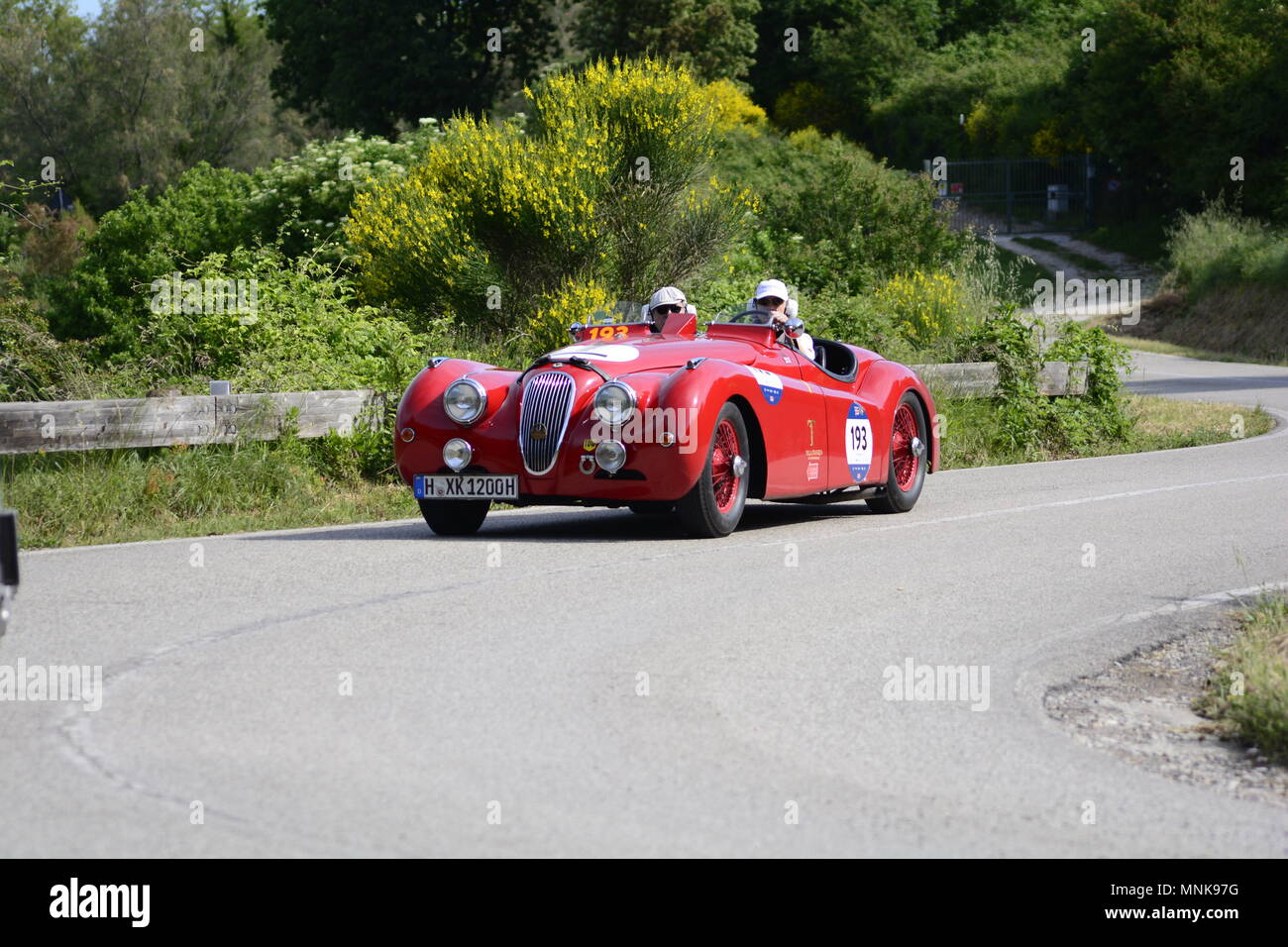 PESARO COLLE SAN BARTOLO , ITALY - MAY 17 - 2018 : AGUAR XK 120 OTS1950  on an old racing car in rally Mille Miglia 2018 the famous italia Stock Photo