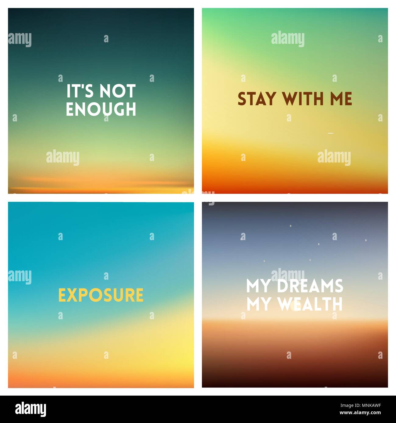 Abstract vector sunset blurred background set. Square blurred background - sky clouds colors With love quotes. Stock Vector