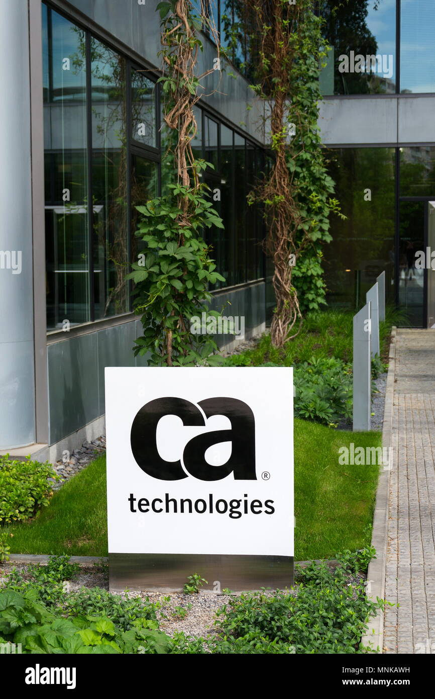 PRAGUE, CZECH REPUBLIC - MAY 10 2018: CA Technologies company logo on headquarters building on May 10, 2018 in Prague, Czech Republic. Stock Photo