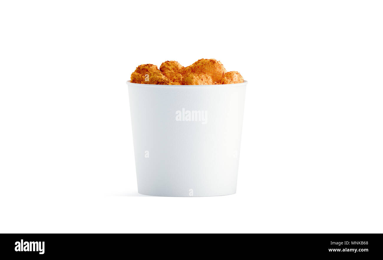 Blank white food bucket with chicken wings mockup isolated, 3d rendering. Empty pail fastfood front side view. Paper hen bucketful design mock up. Stock Photo