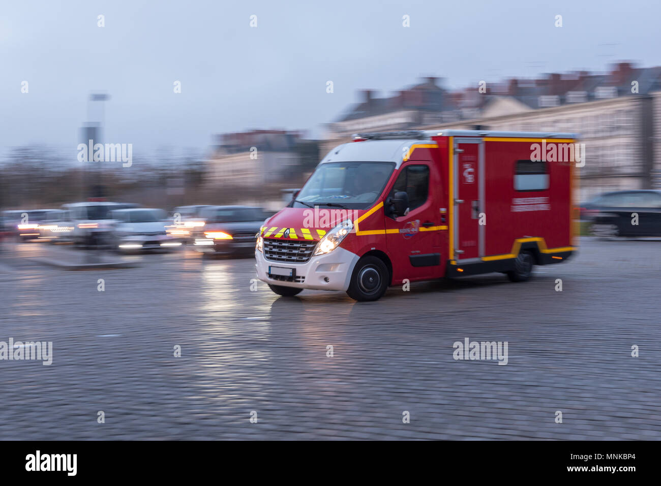 Paris, France - Novmeber 18, 2017: Government fire department red truck in the street of Paris, France Stock Photo