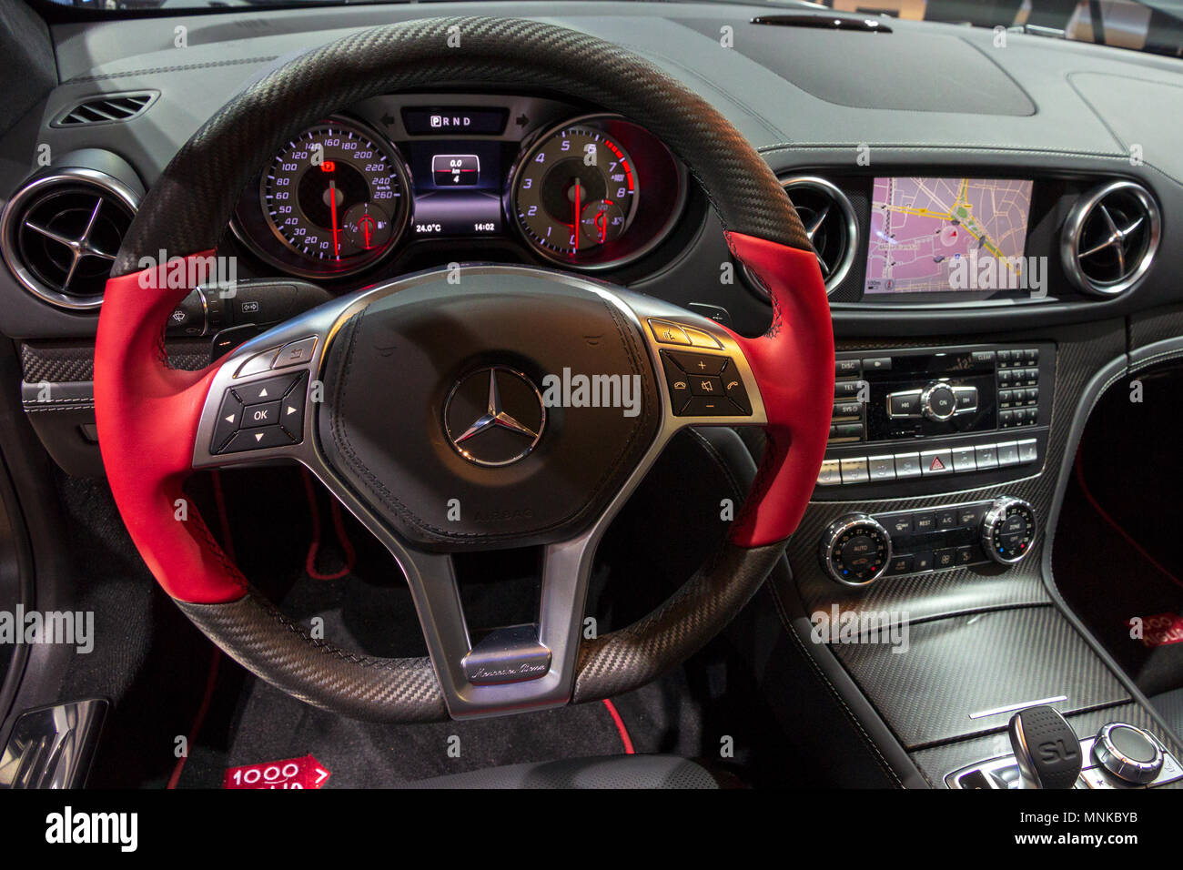 FRANKFURT, GERMANY - SEP 16, 2015: Interior view of a special edition Mille Miglia Mercedes AMG SL sports car showcased at the Frankfurt IAA Motor Sho Stock Photo