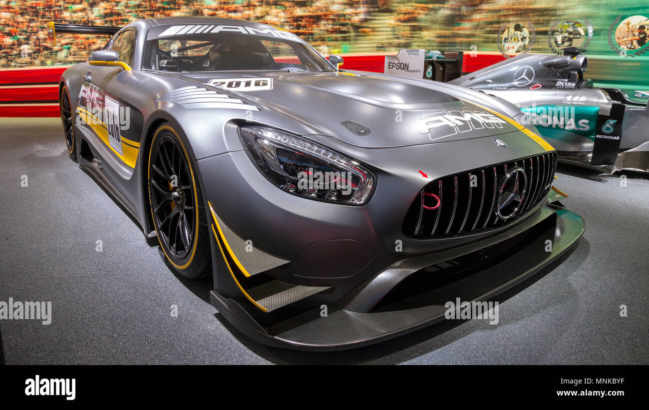 FRANKFURT, GERMANY - SEP 16, 2015: Mercedes-AMG racing car showcased at the Frankfurt IAA Motor Show. Stock Photo