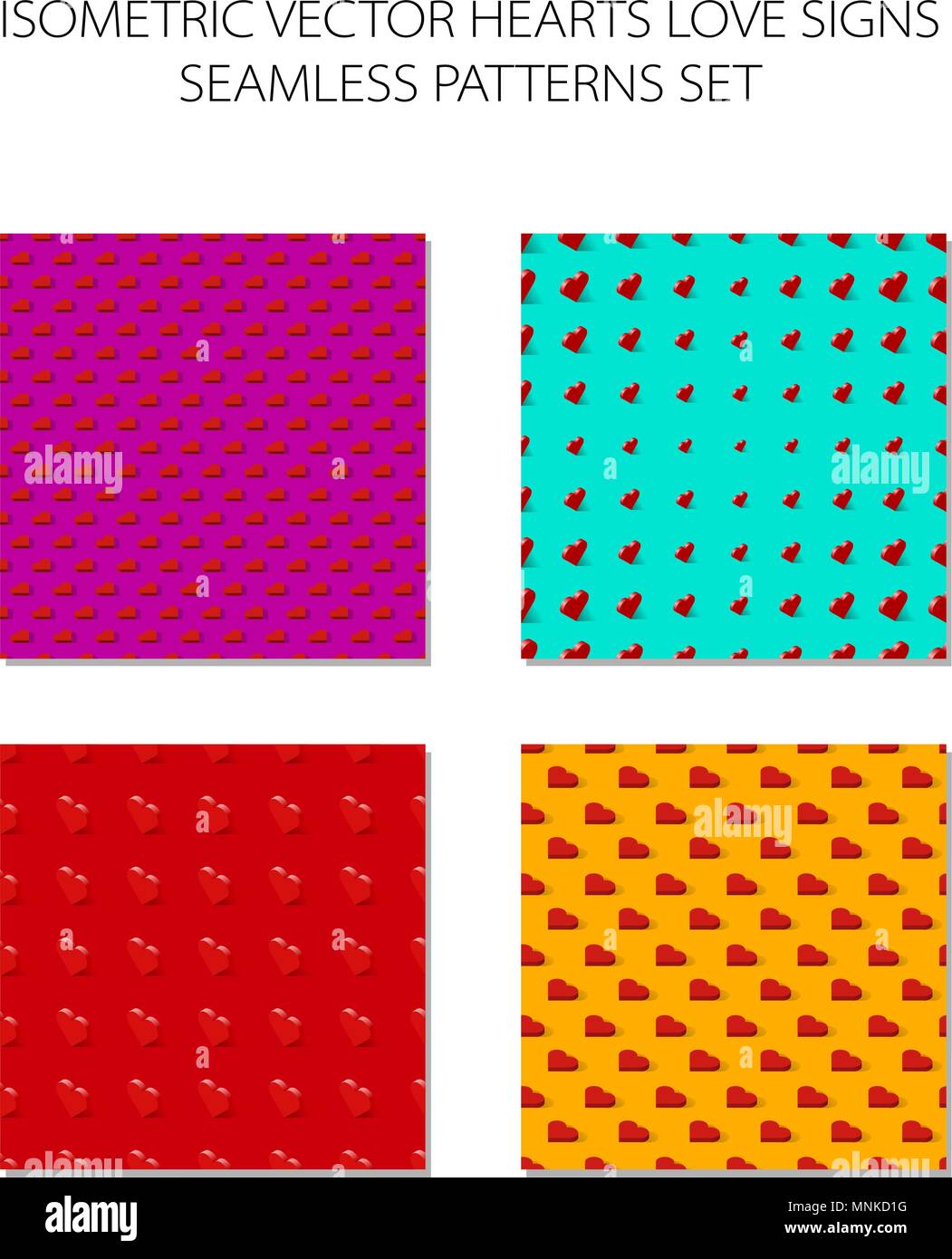 Isometric hearts seamless pattern set vector pink blue red orange background Stock Vector
