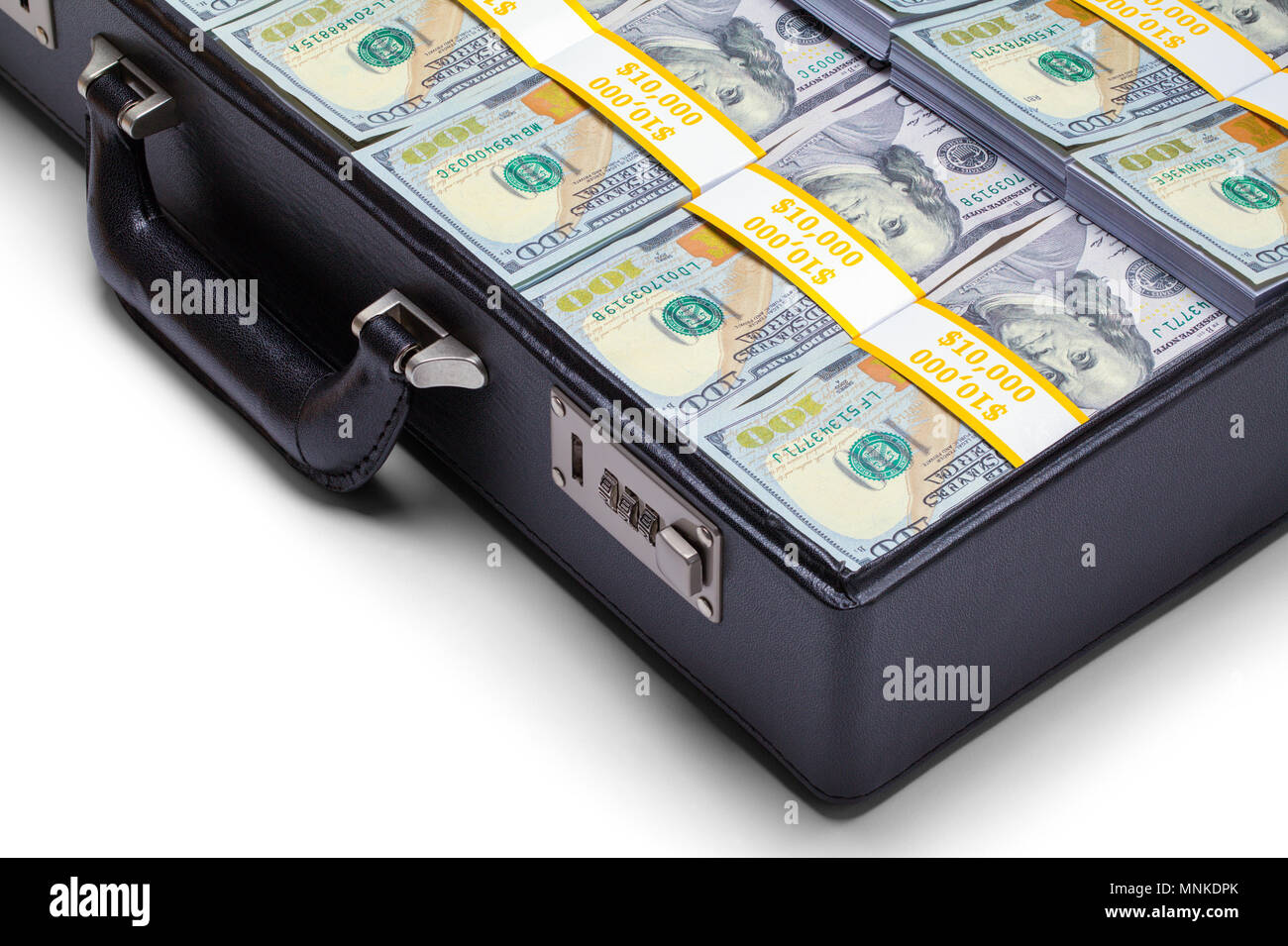 Black Briefcase Full of Money Front View Isolated on a White Background. Stock Photo