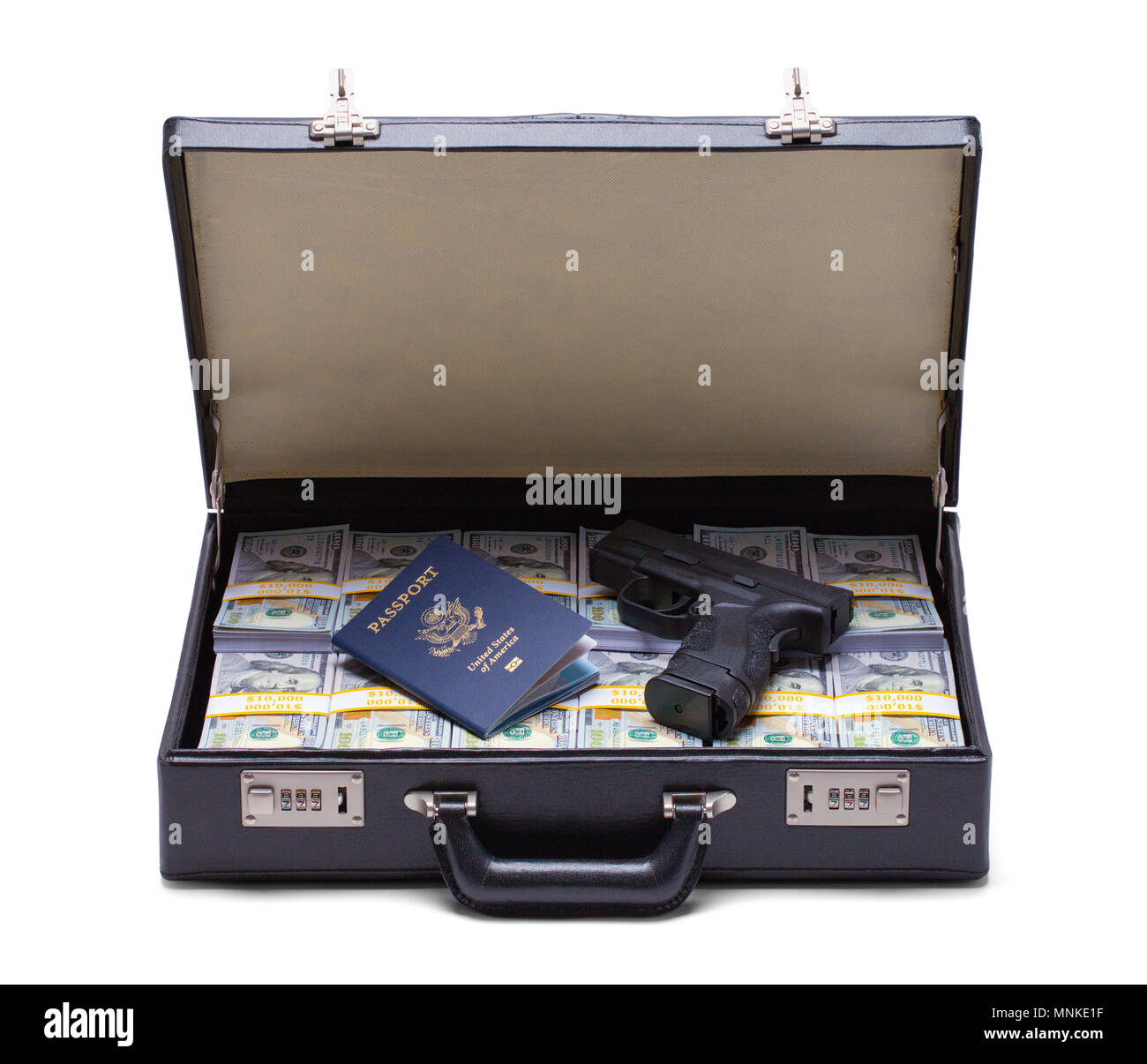 Briefcase full of Money with a Passport and Gun Isolated on a White Background. Stock Photo