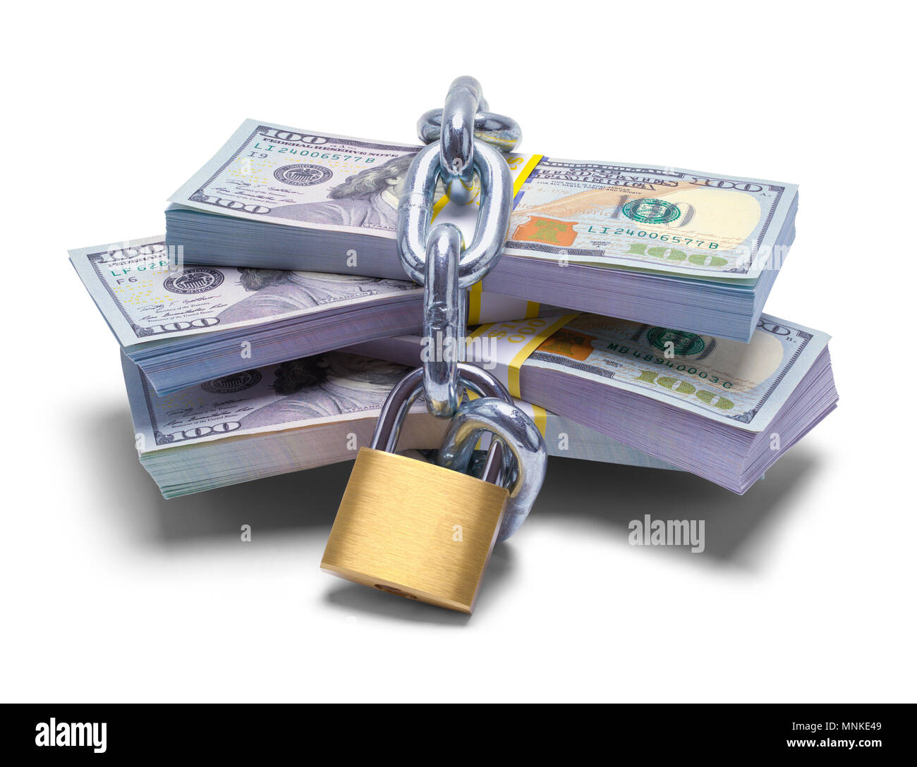 Pile of Money Locked Up in Chain with Padlock Isolated on White Background. Stock Photo