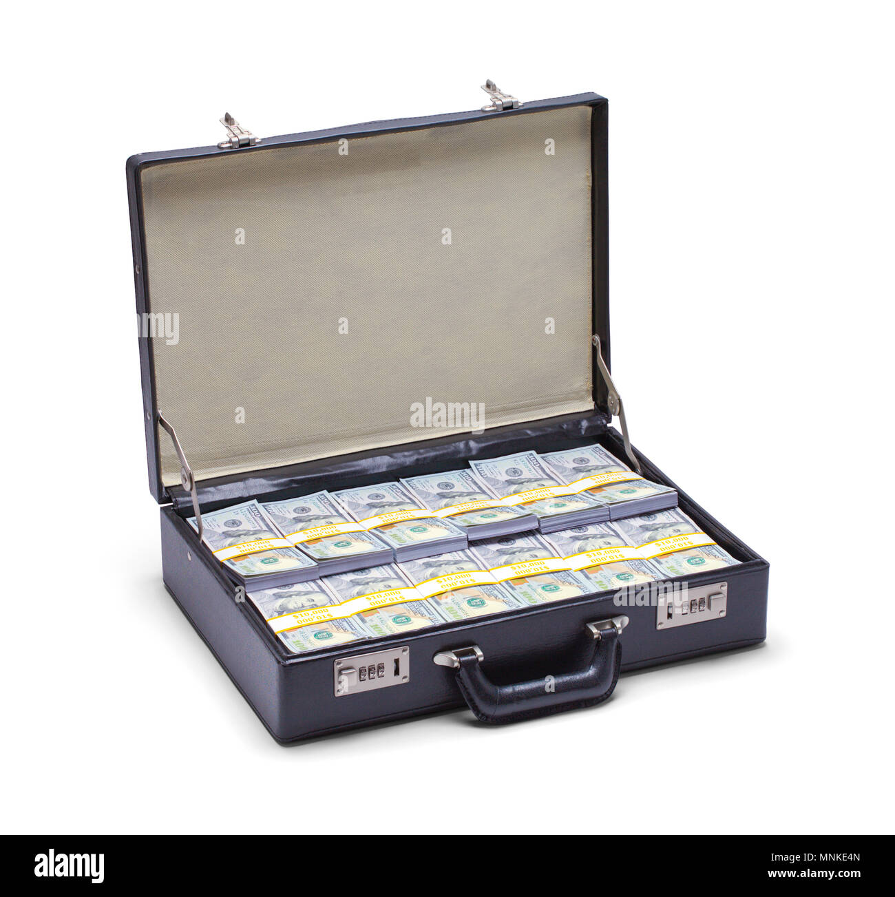 Open Black Briefcase Full of Money Isolated on a White Background. Stock Photo