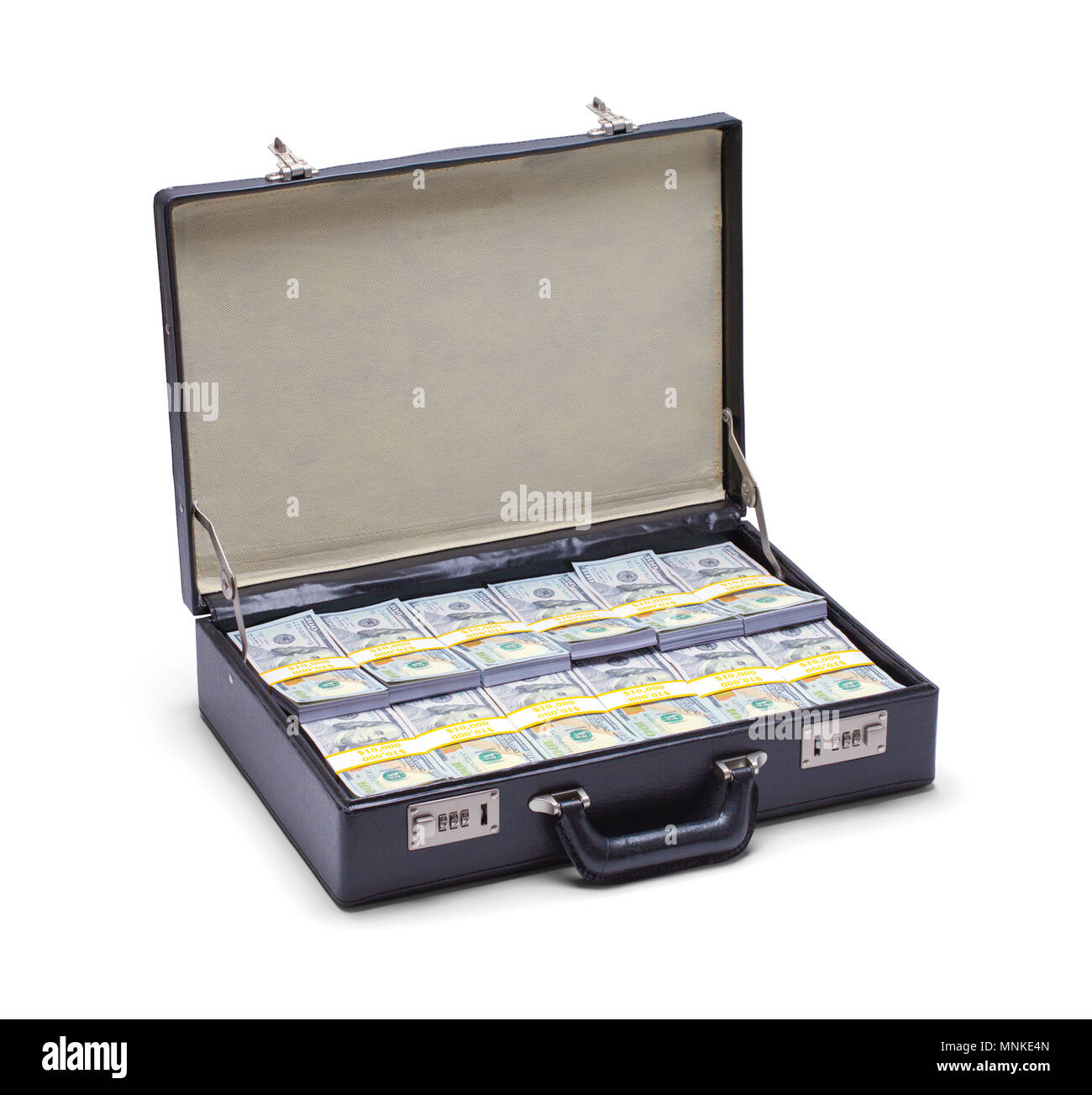 Open Black Briefcase Full of Money Isolated on a White Background Stock