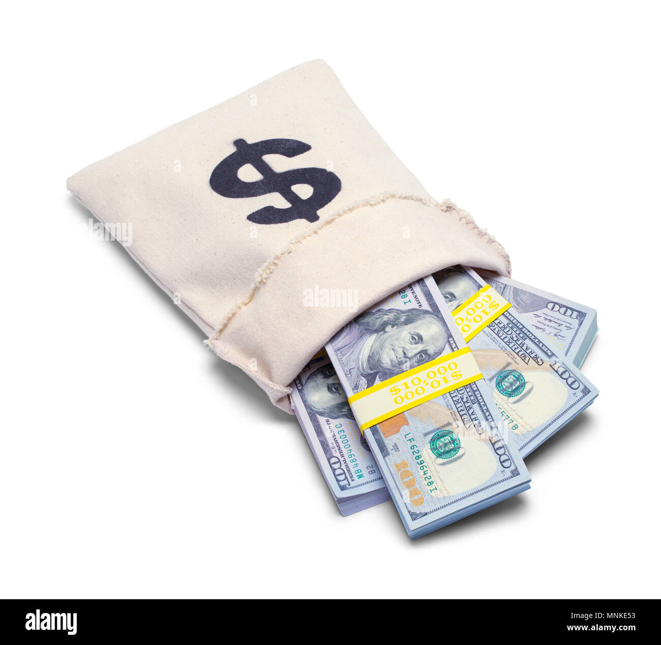 Bank Bag With Hundreds of Dollars Spilling Out Isolated on White. Stock Photo