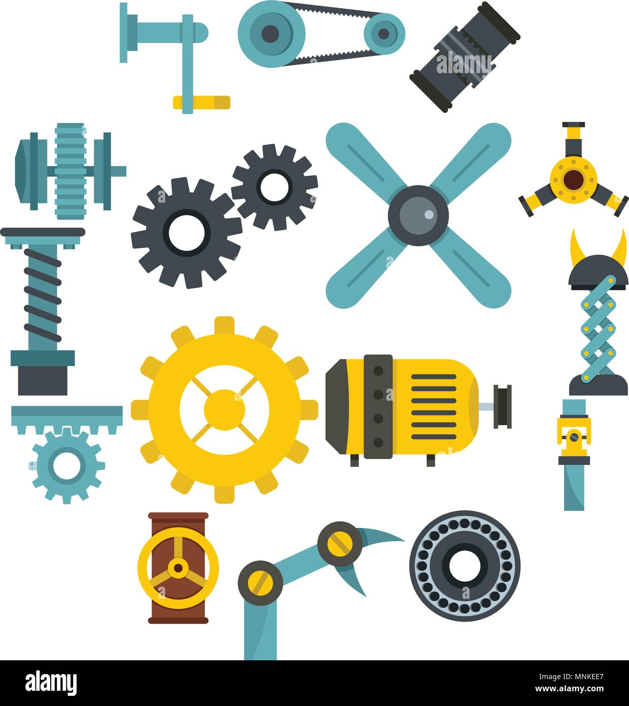 Techno mechanisms kit icons set in flat style Stock Vector