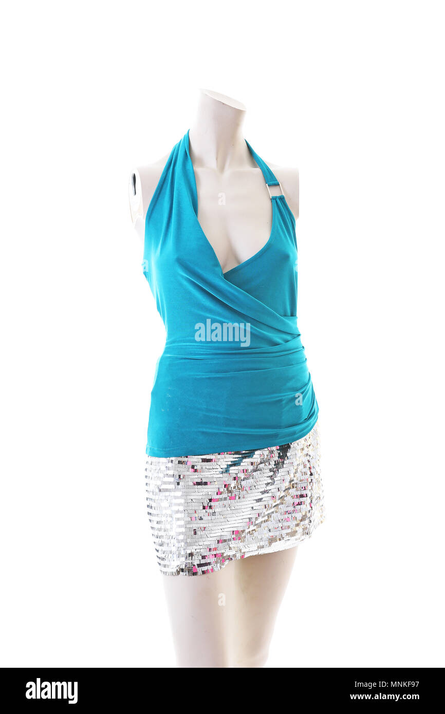 Blue top with mini skirt summer style on mannequin full body shop