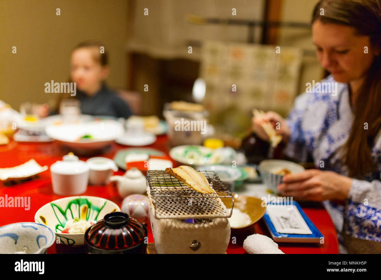 Traditional Japanese breakfast cooked with Hibachi stove grill