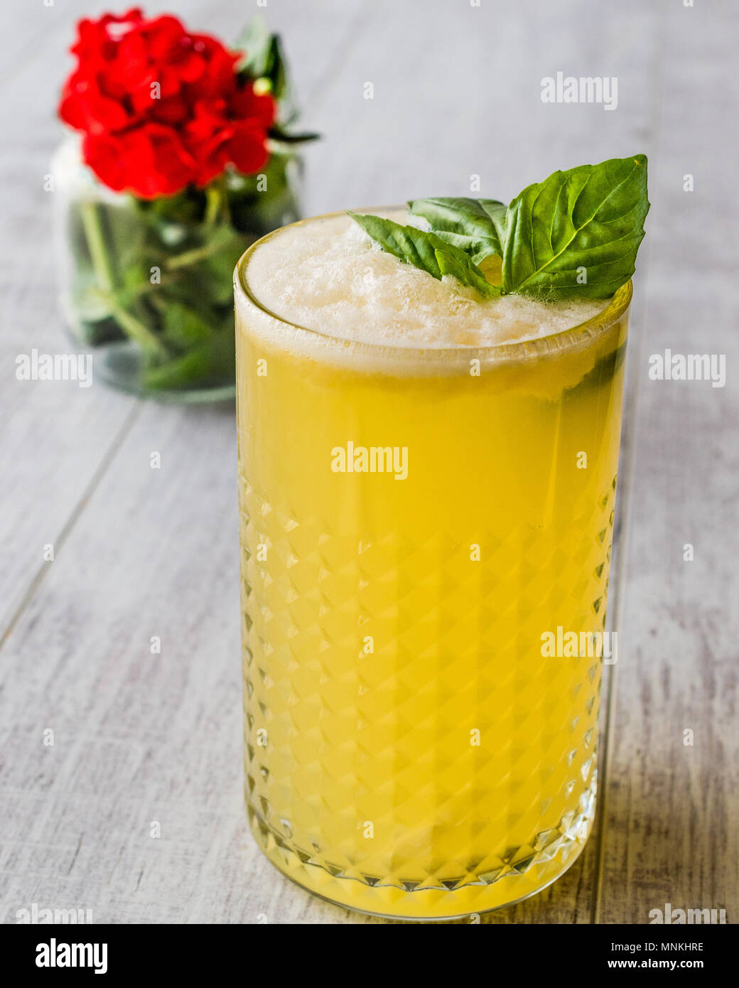 Persian Saffron Milkshake with basil leaves. Traditional Beverage Stock