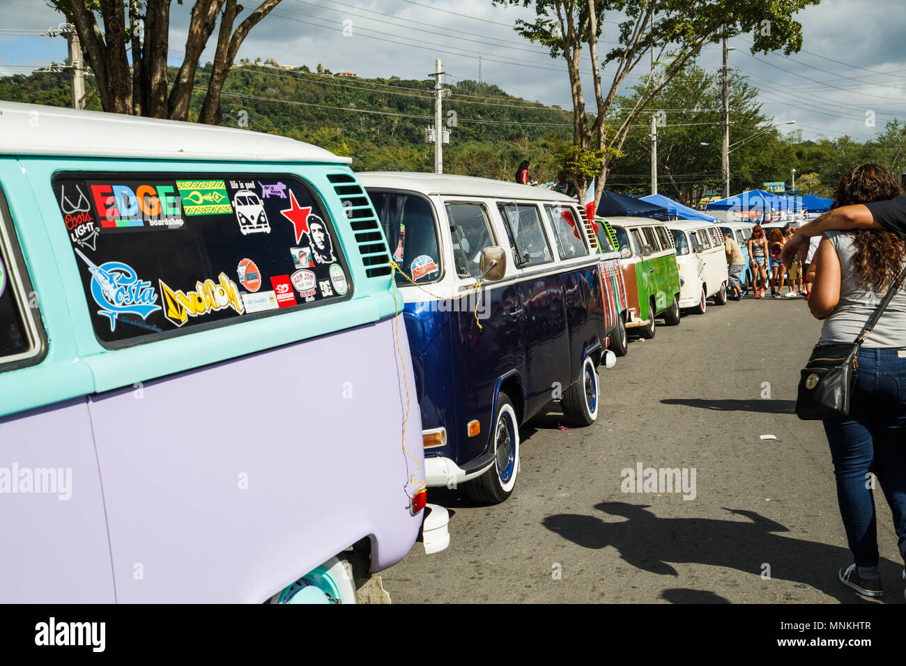 Colorful Volkswagen camper vans are seen for Fiesta de la Novilla in San Sebastián, Puerto Rico. Stock Photo