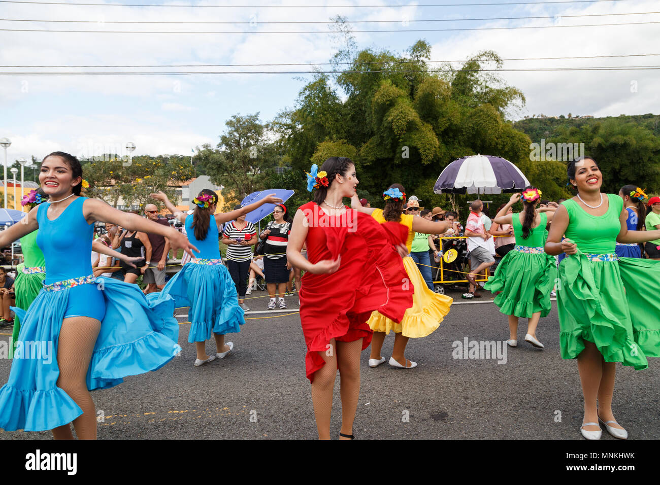 One of local dance troops showcases their work at Fiesta de la Novilla, San Sebastián, Puerto Rico. Stock Photo