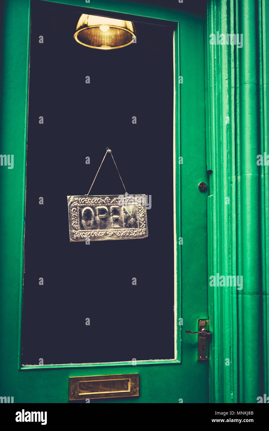 Vintage Open Sign In Door Of Old Shop In Edinburgh Scotland