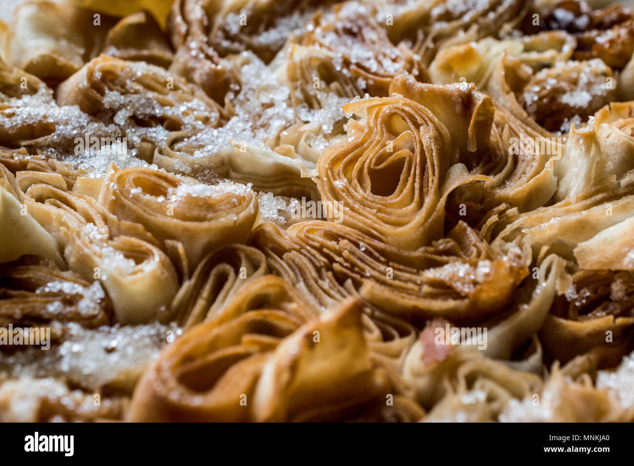 Turkish dessert From Artvin called Silor / Rolled and Fried phyllo with powdered sugar. Stock Photo