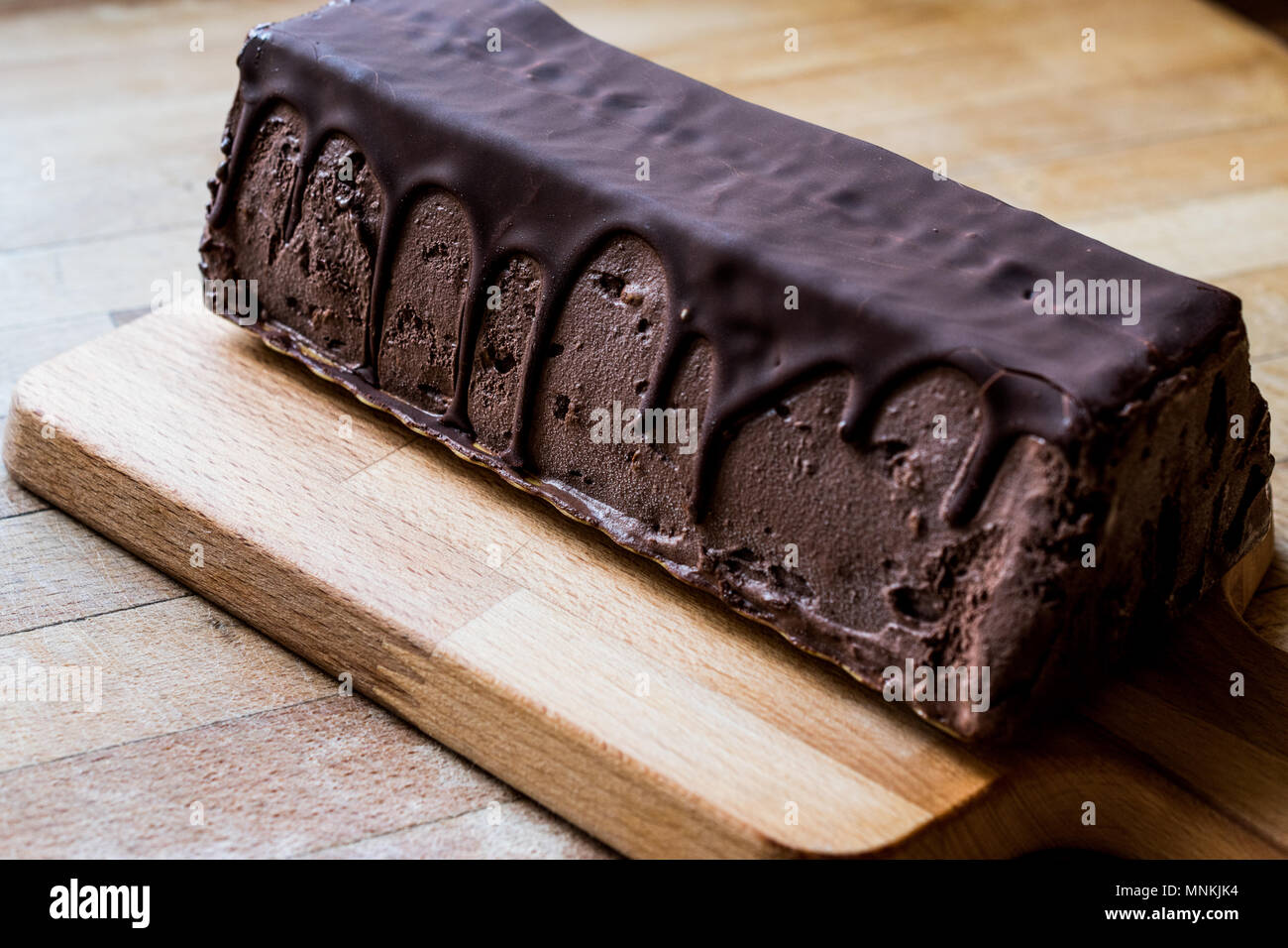 Semifreddo Cake - ice cream with chocolate sauce. Traditional Dessert. Stock Photo
