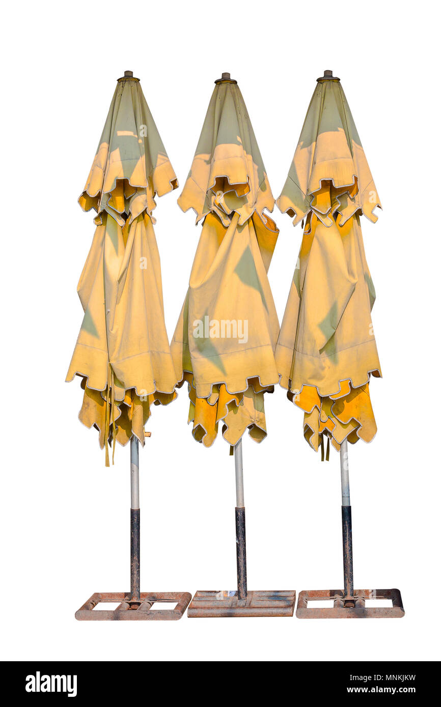 vintage yellow umbrella outdoor  on white background.Clipping path.Copy space. Stock Photo