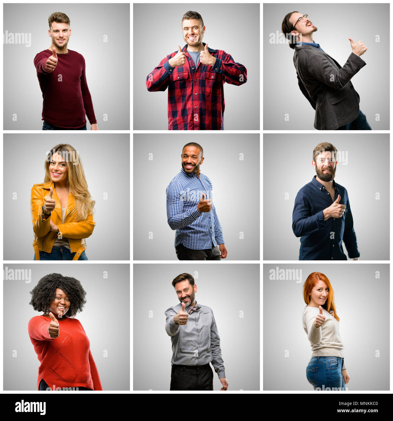 Group of mixed people, women and men smiling broadly showing thumbs up ...