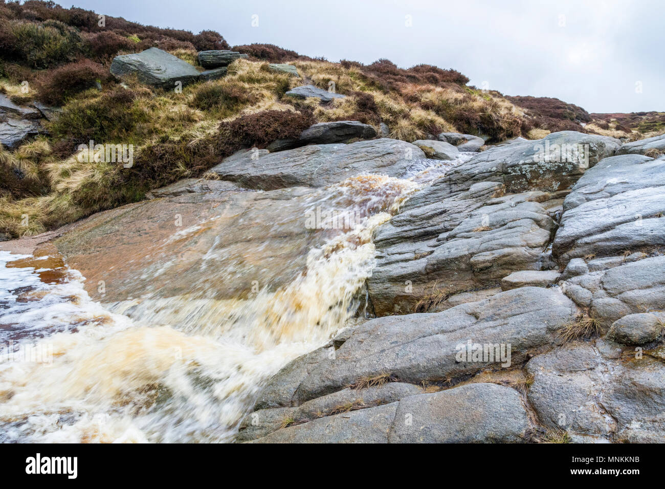 Moorland erosion. This fast flowing stream has discoloured water as it contains peat washed off the moor. Kinder Scout, Derbyshire, England, UK Stock Photo