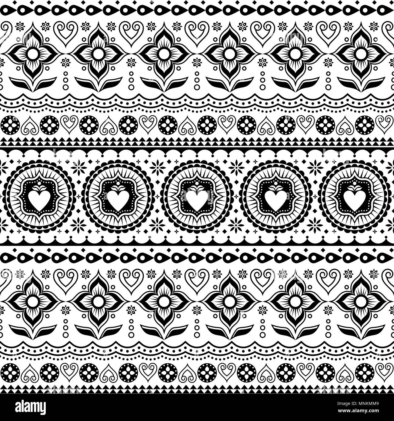 Indian trucks art seamless vector pattern, Pakistani monochrome truck floral design with lotus flower, leaves and abstract shapes Stock Vector