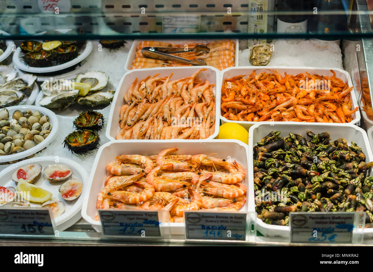 A seafood stand view in San Miguel market, Madrid city, Spain Stock