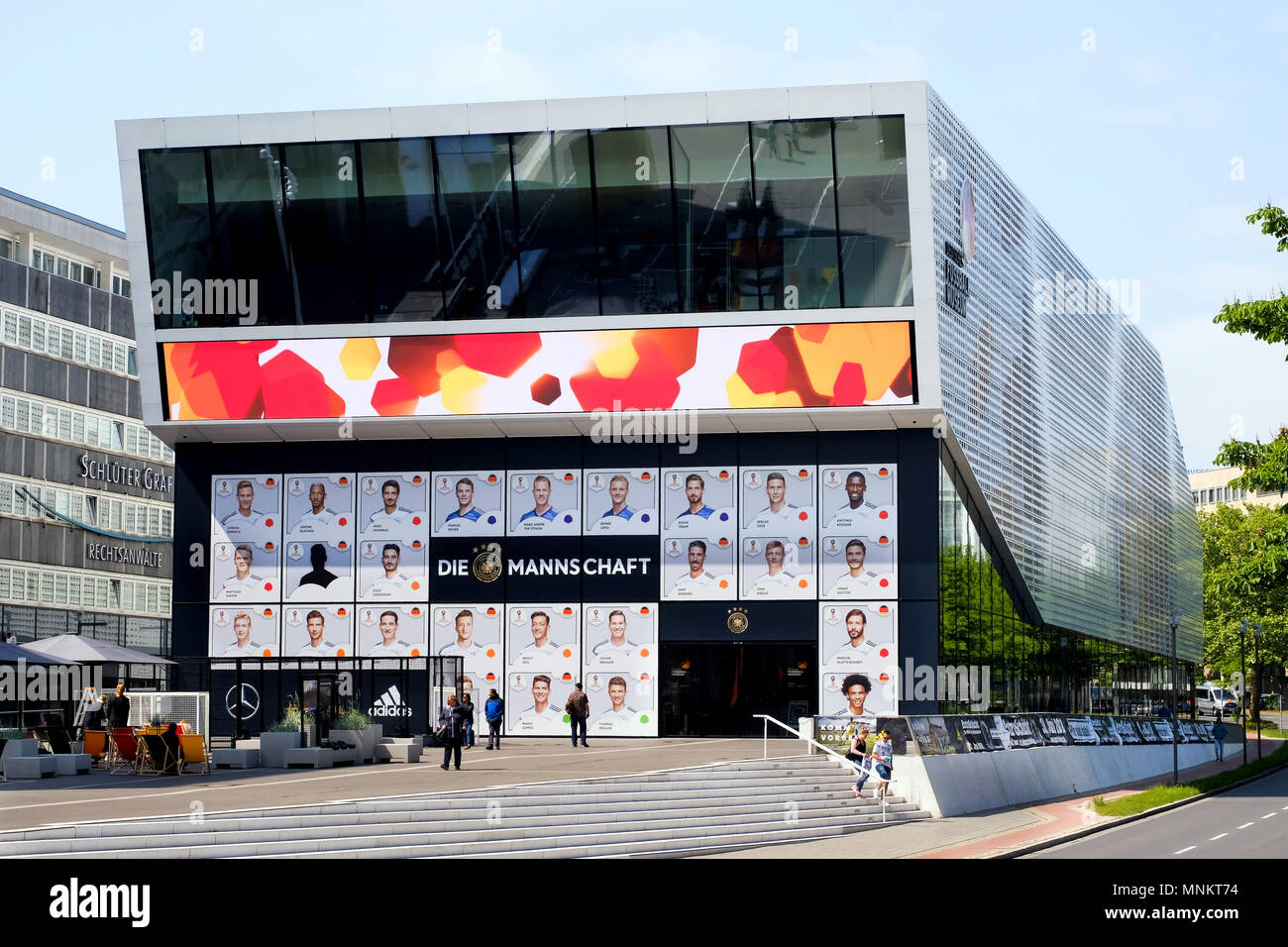 Portraits of players nominated by national coach Joachim Loew (Löw) of the provisional squad of the German national soccer team for the 2018 FIFA World Cup in Russia on the front of the German Football Museum in Dortmund, Germany on 18.5.2018 Stock Photo