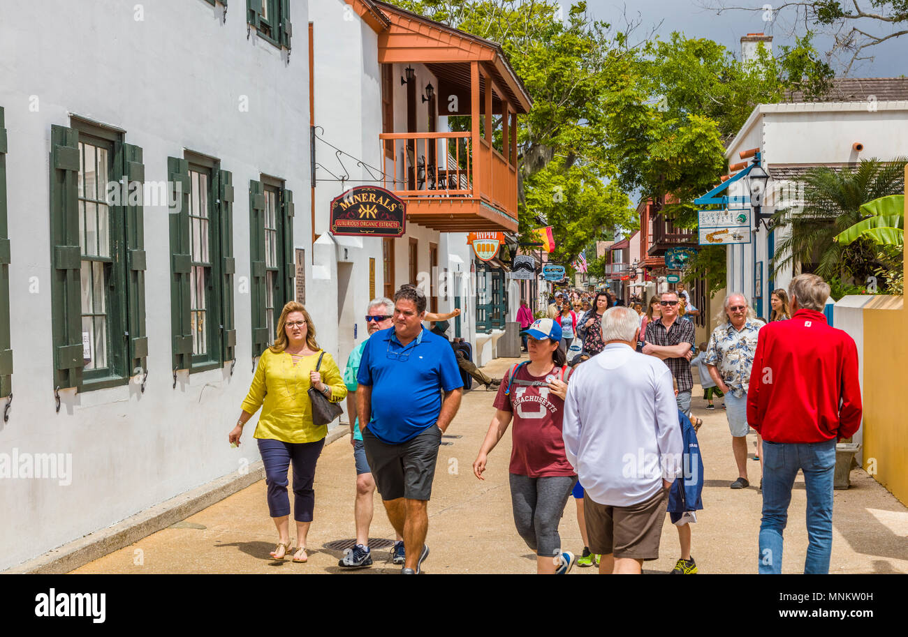 Tourists walking on St George Street in historic St Augustine Florida Americas oldest city Stock Photo