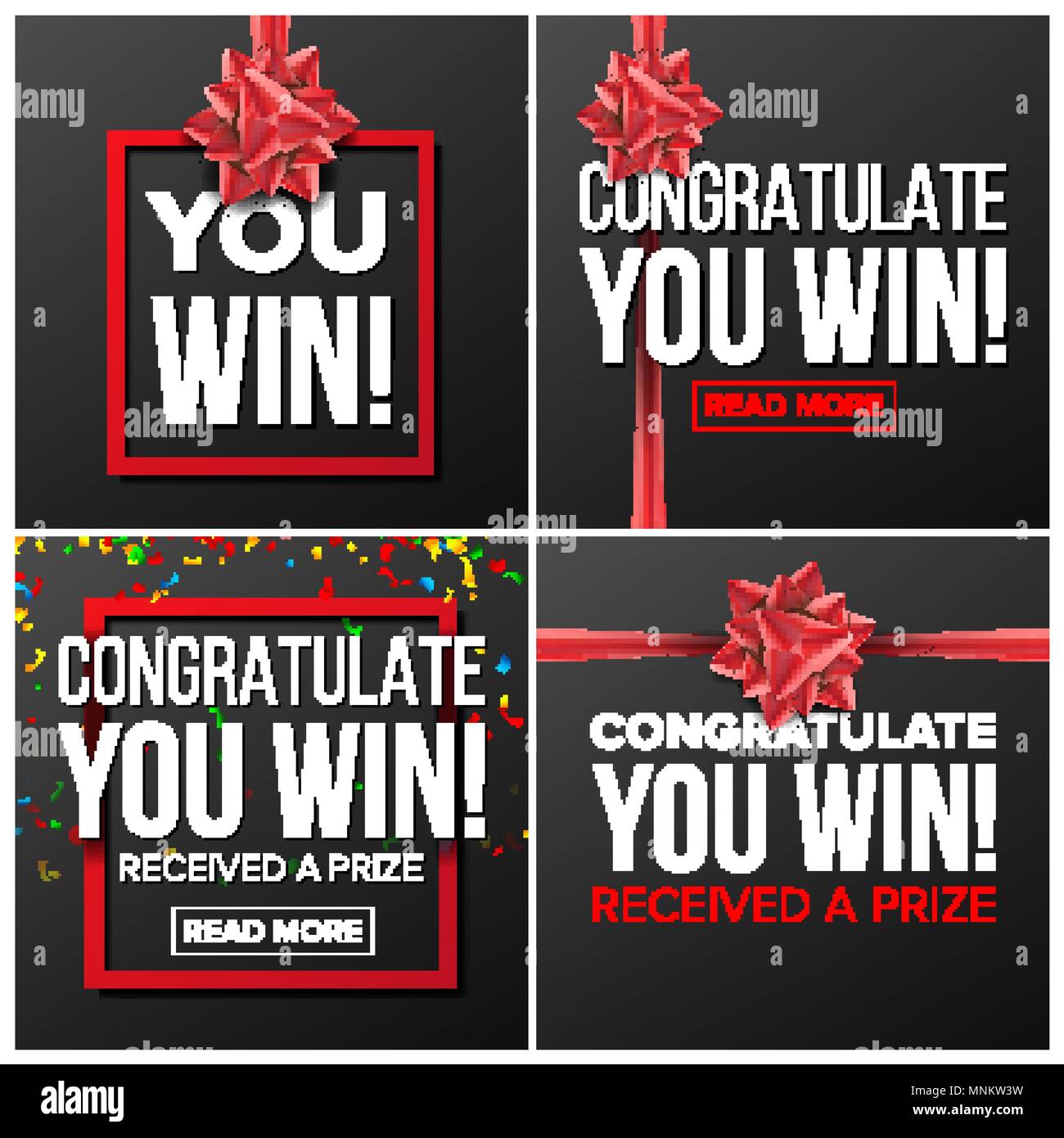 You Win Banner Set Vector. Festive Sign. Realistic Red Satin Bow