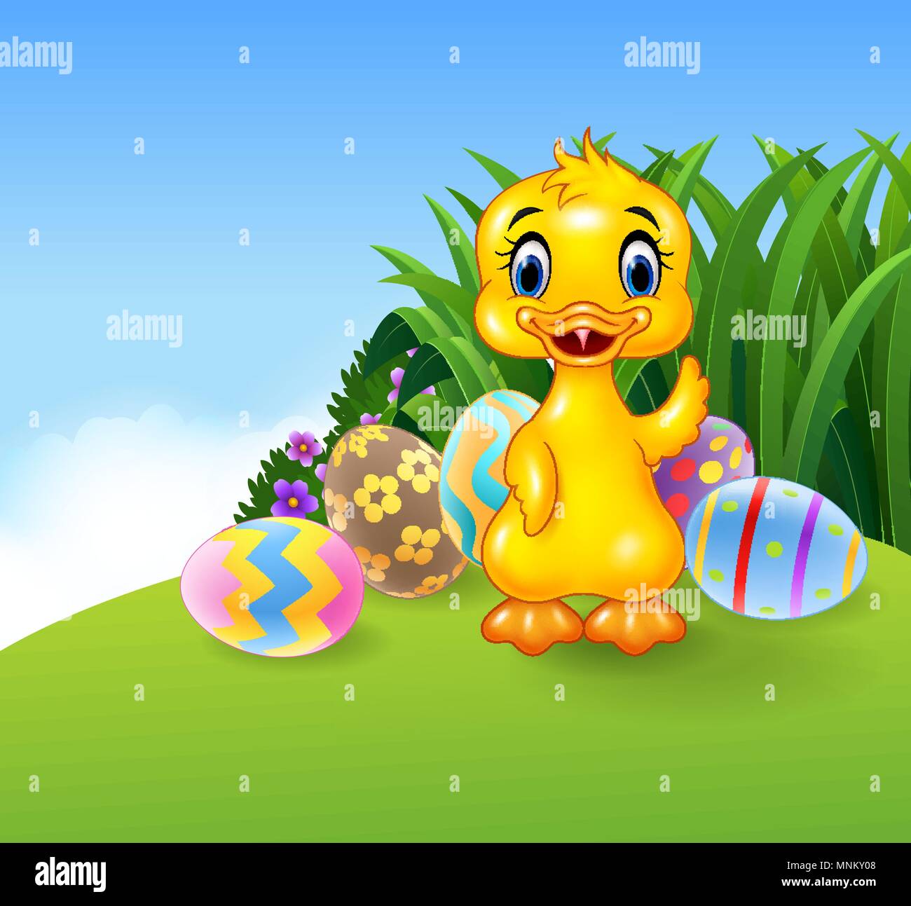 Cute little duck with colorful Easter eggs Stock Vector