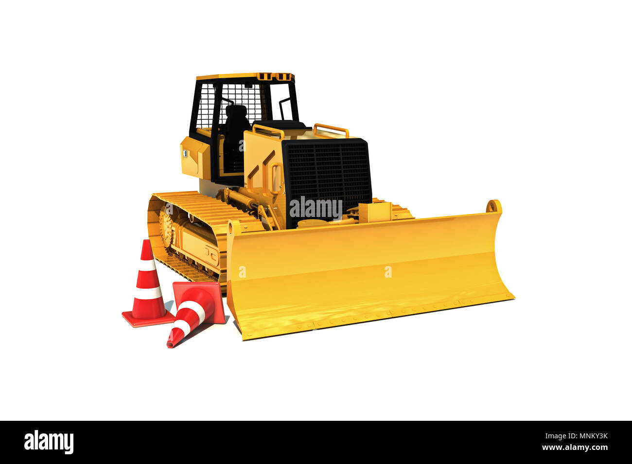 Under construction, bulldozer with caution cones on white background Stock Photo