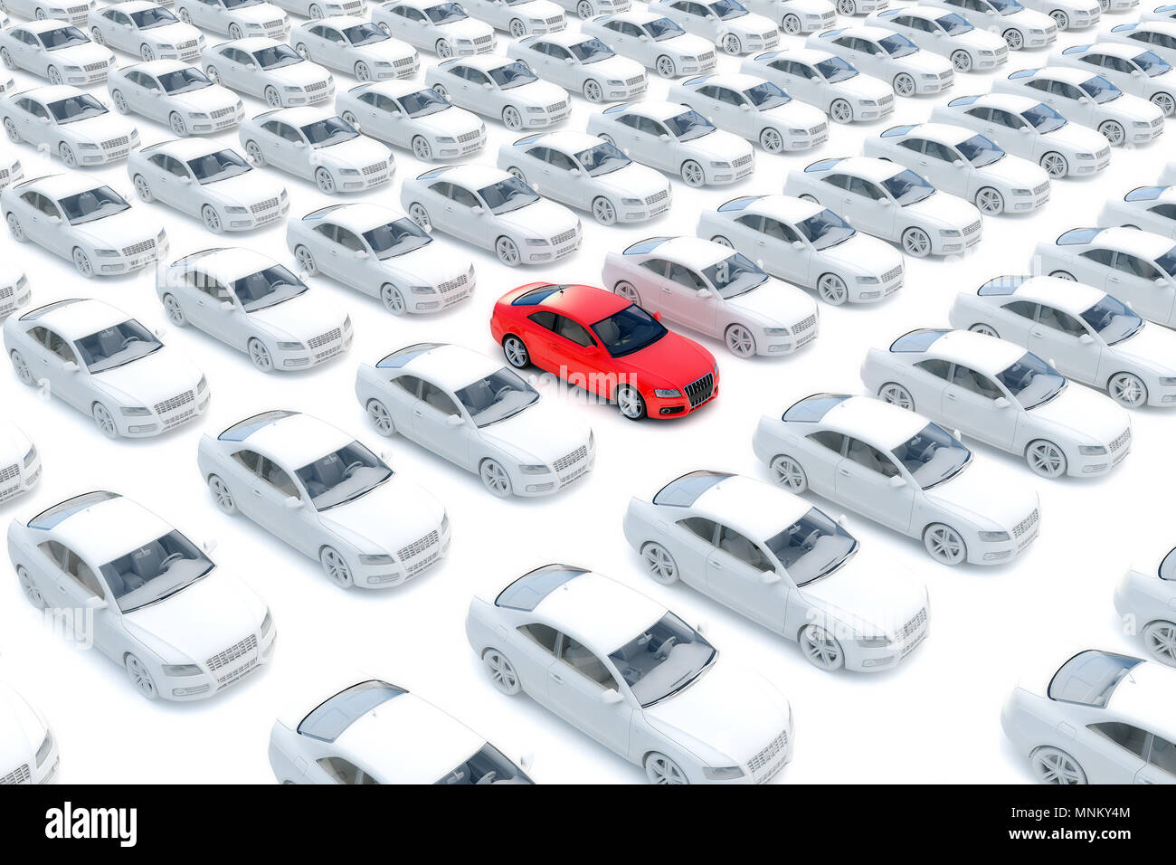 One red car with hundreds white in a crowd of cars Stock Photo